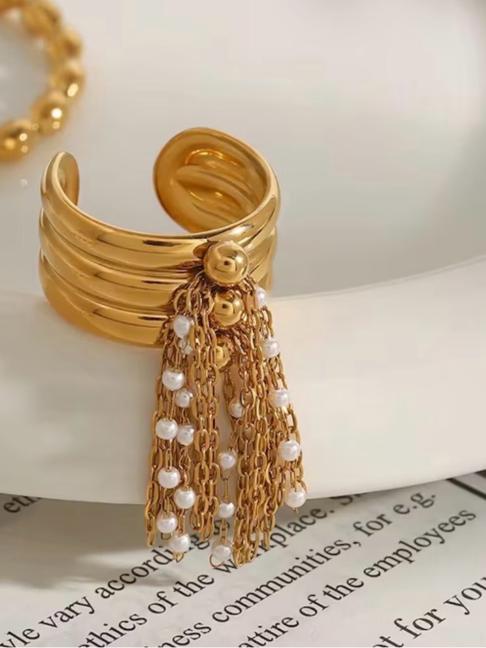 Gold Tassel Chain Ring with Pearl Accents